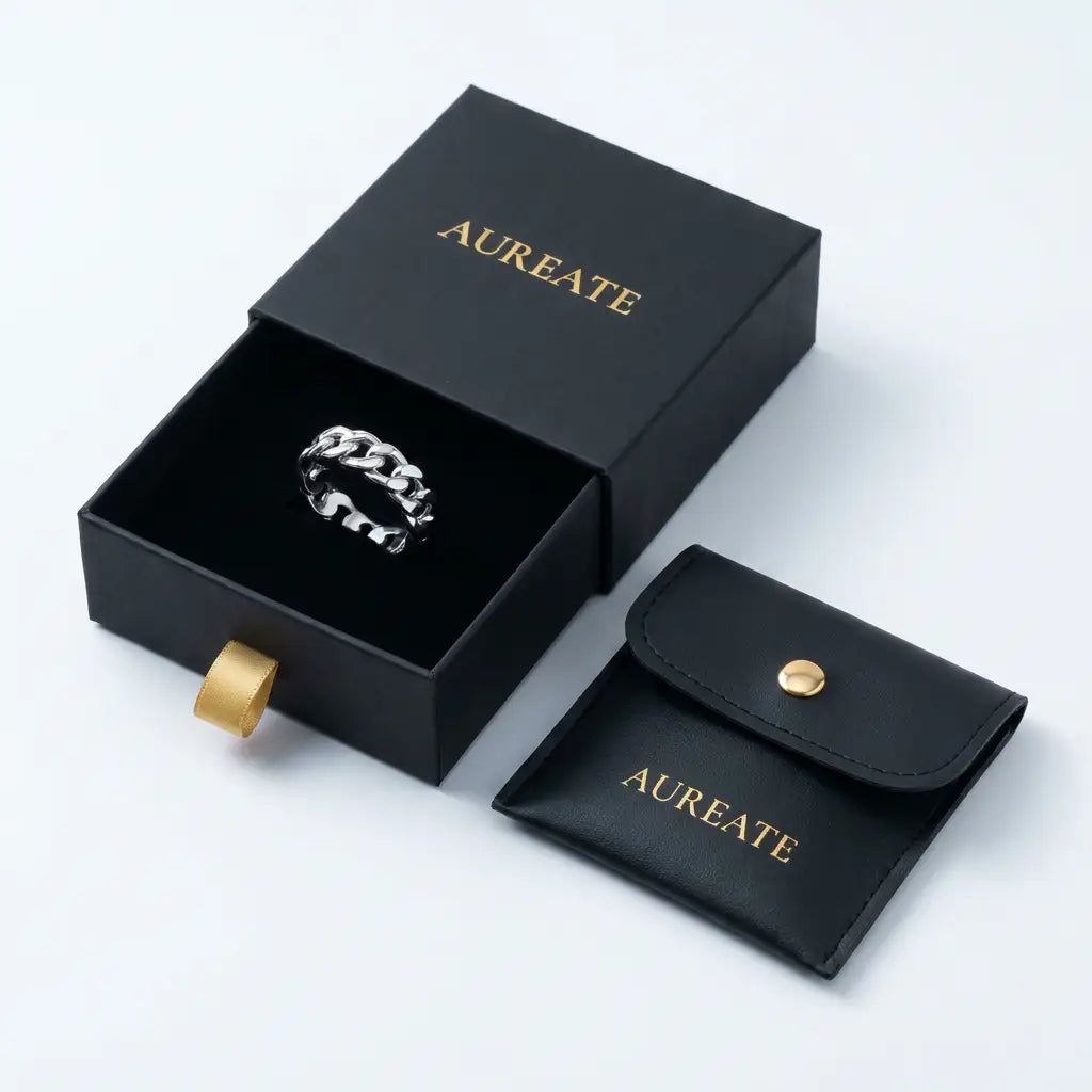 Silver Cuban Link Band Ring in AUREATE gift box with leather pouch