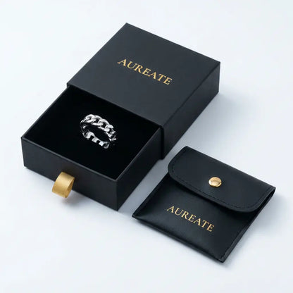 Silver Cuban Link Band Ring in AUREATE gift box with leather pouch