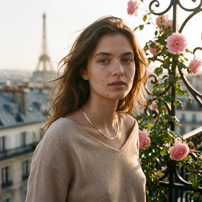 AUREATE 5mm Herringbone gold chain on Parisian rooftop garden Vogue editorial