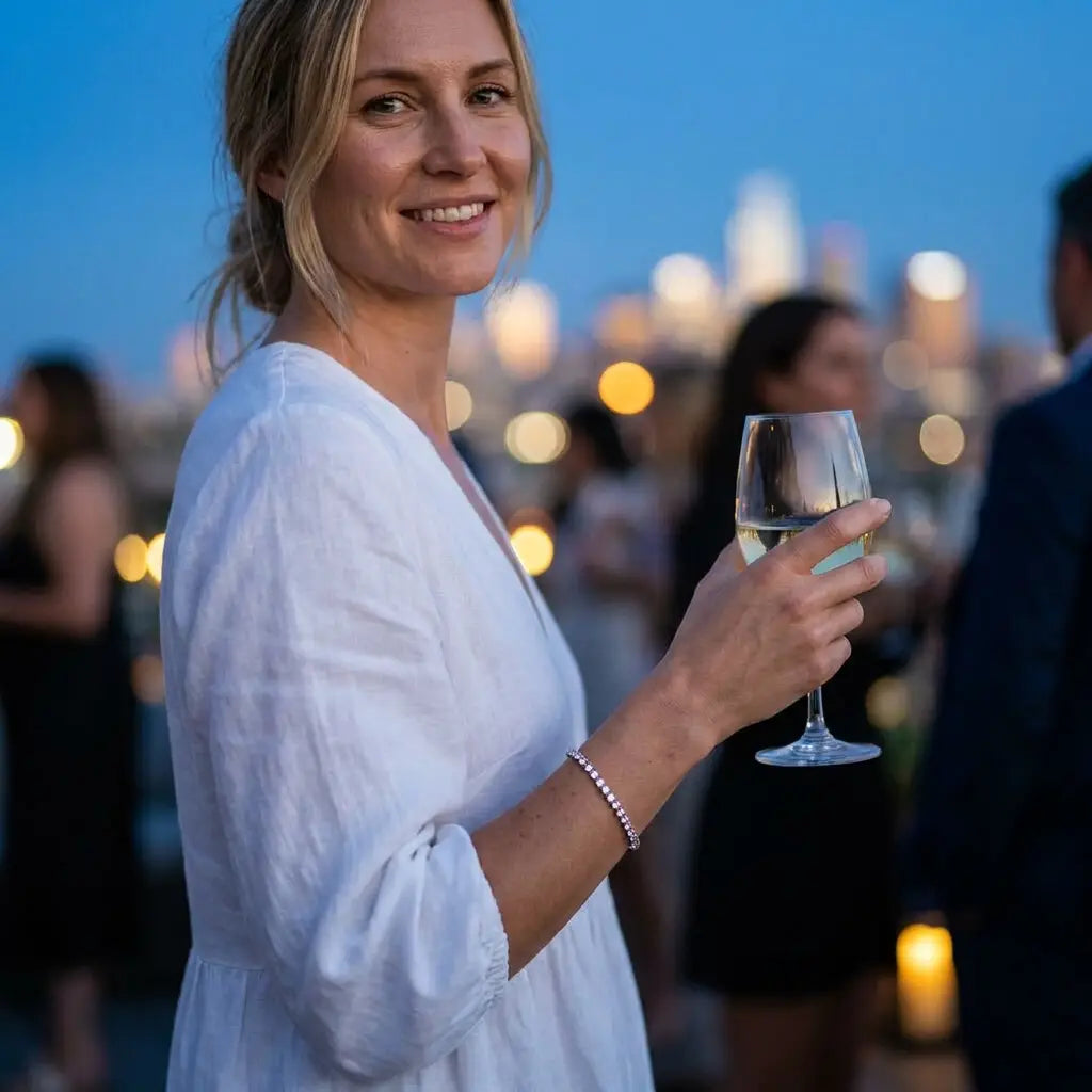 Classic Silver Tennis Bracelet lifestyle rooftop party