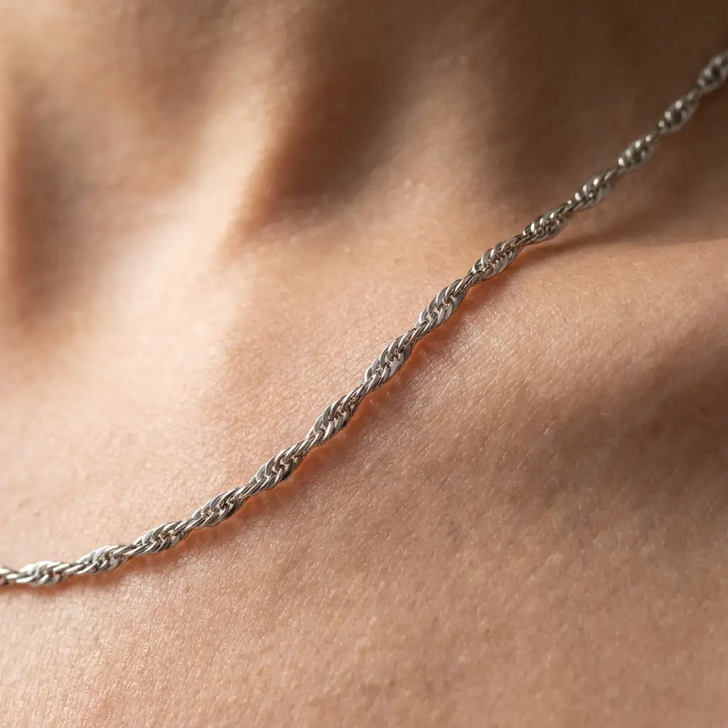2mm Singapore Twist Chain silver macro collarbone detail