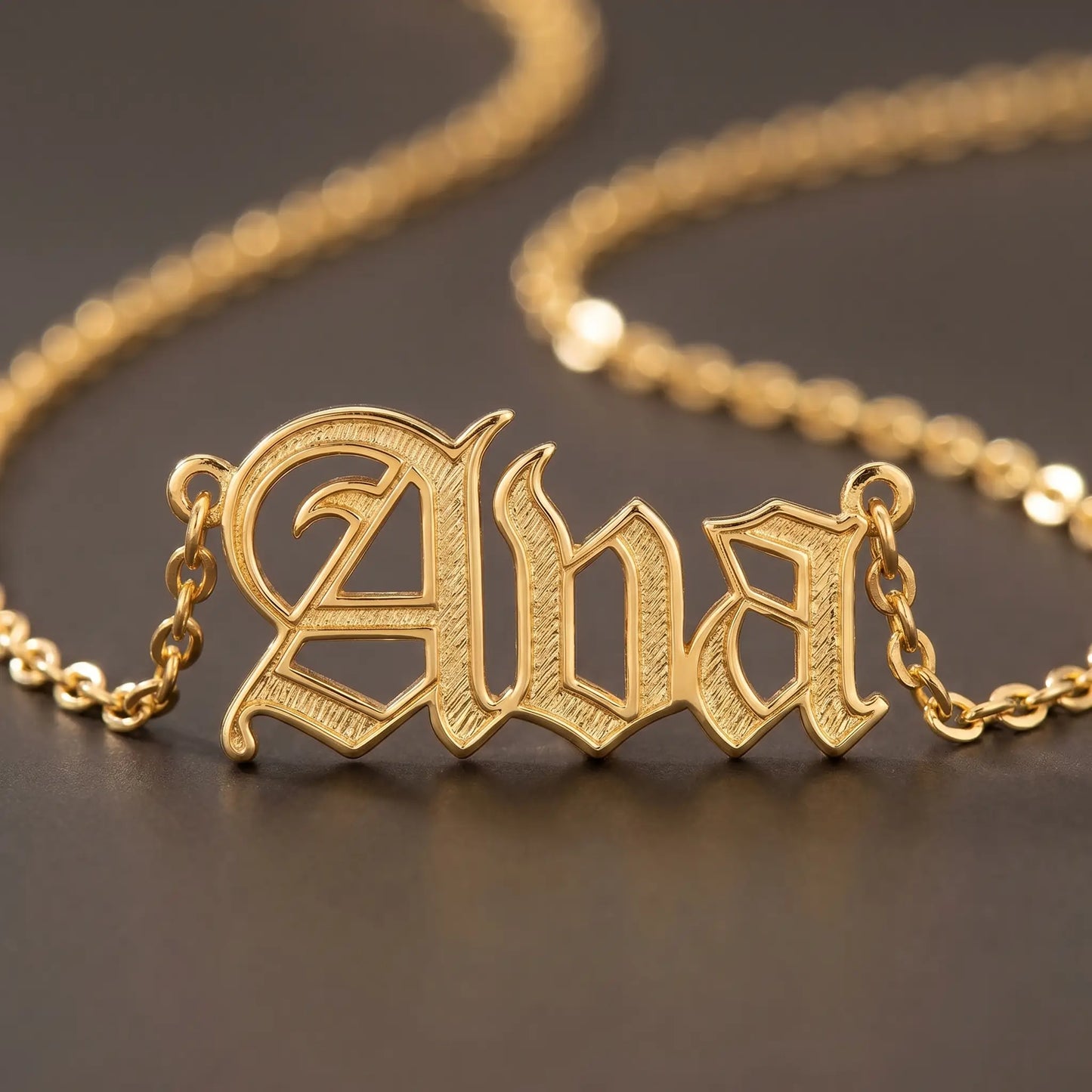 Old English Lettering Name Pendant — 18K Gold Plated — Macro detail — AVA