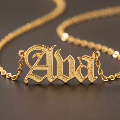 Old English Lettering Name Pendant — 18K Gold Plated — Macro detail — AVA