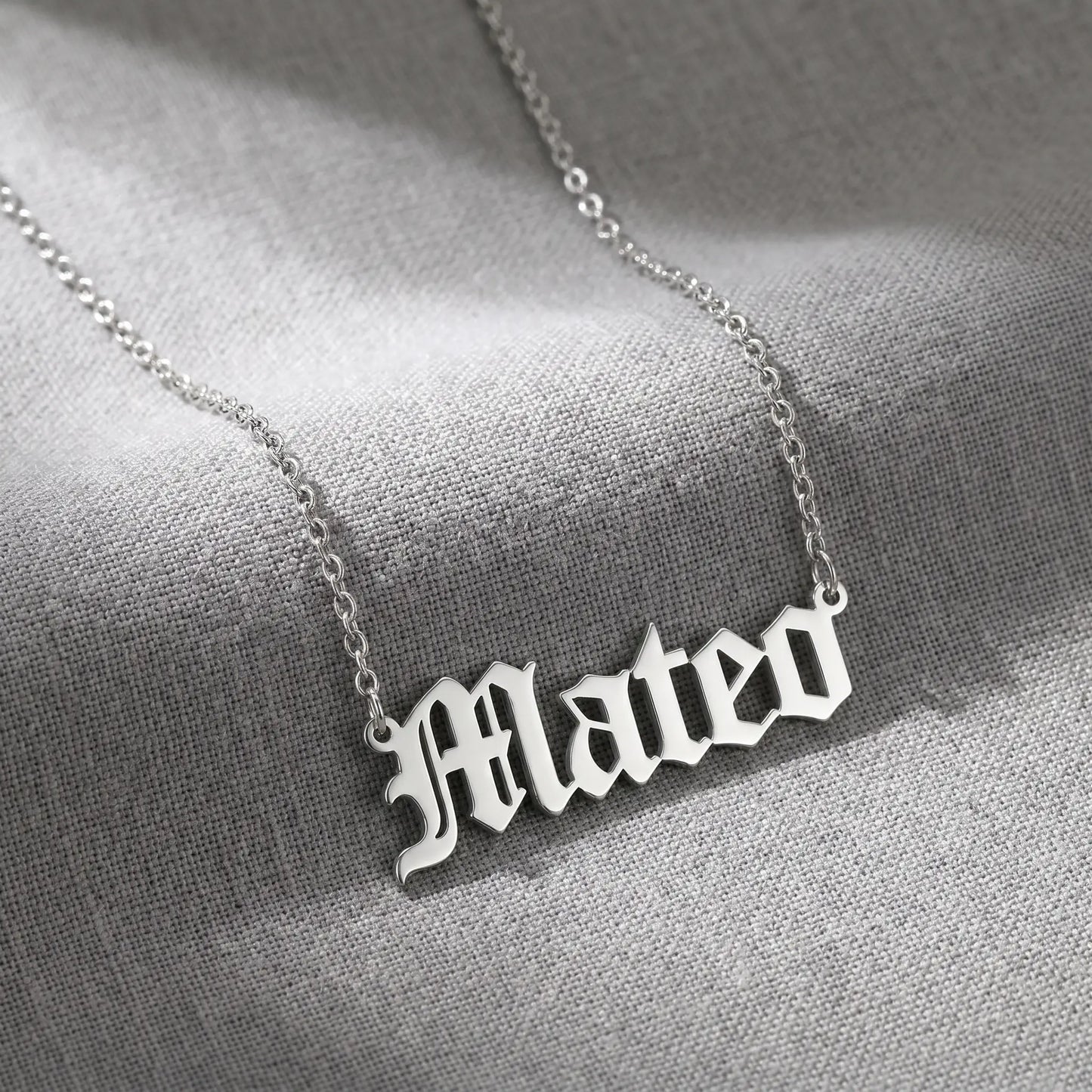 Old English Lettering Name Pendant — Stainless Steel (Silver Tone) — Product packshot — MATEO