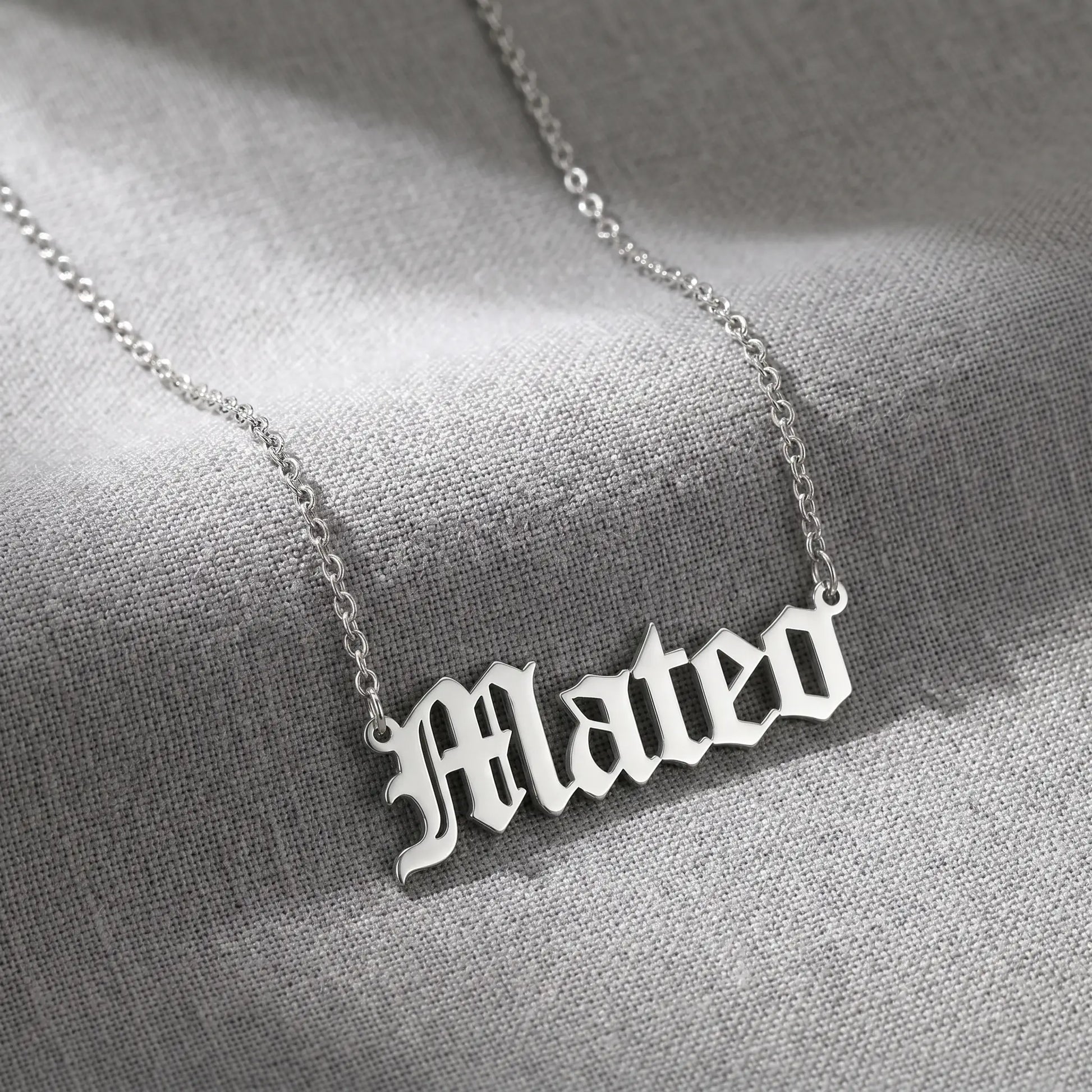 Old English Lettering Name Pendant — Stainless Steel (Silver Tone) — Product packshot — MATEO