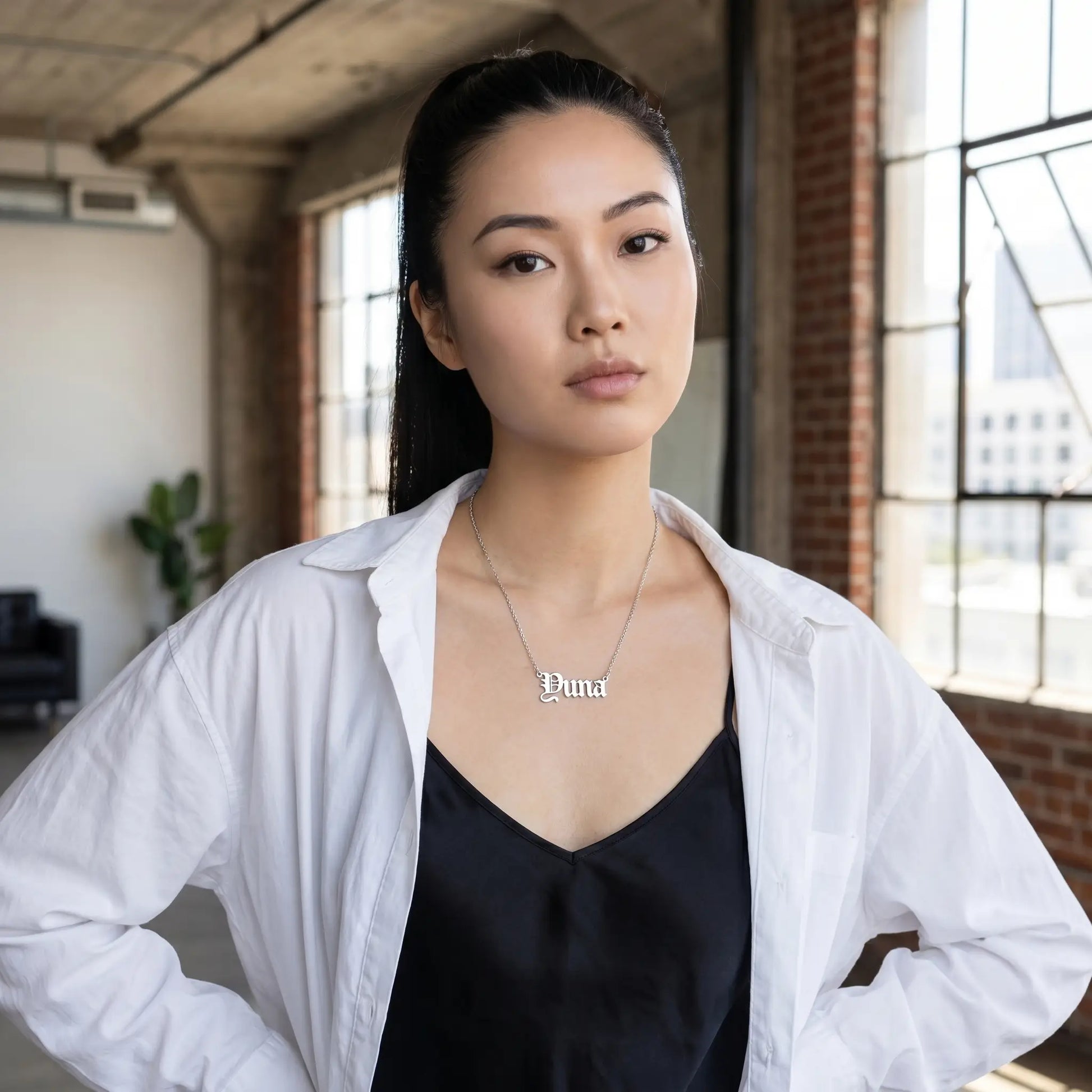 Old English Lettering Name Pendant — Stainless Steel (Silver Tone) — Studio 3/4 — YUNA