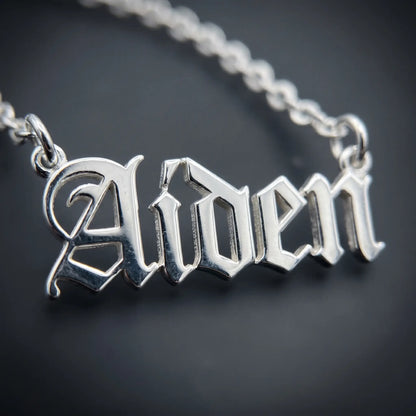 Old English Lettering Name Pendant — Stainless Steel (Silver Tone) — Macro detail — AIDEN