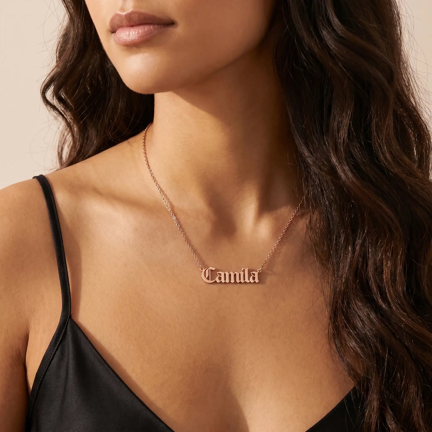 Old English Lettering Name Pendant — Rose Gold Plated — Studio close-up — CAMILA