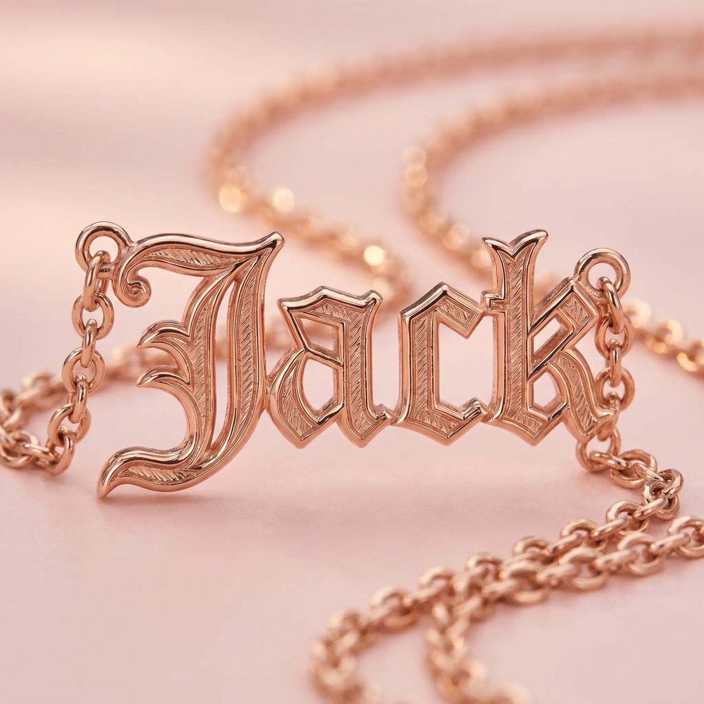 Old English Lettering Name Pendant — Rose Gold Plated — Macro detail — JACK