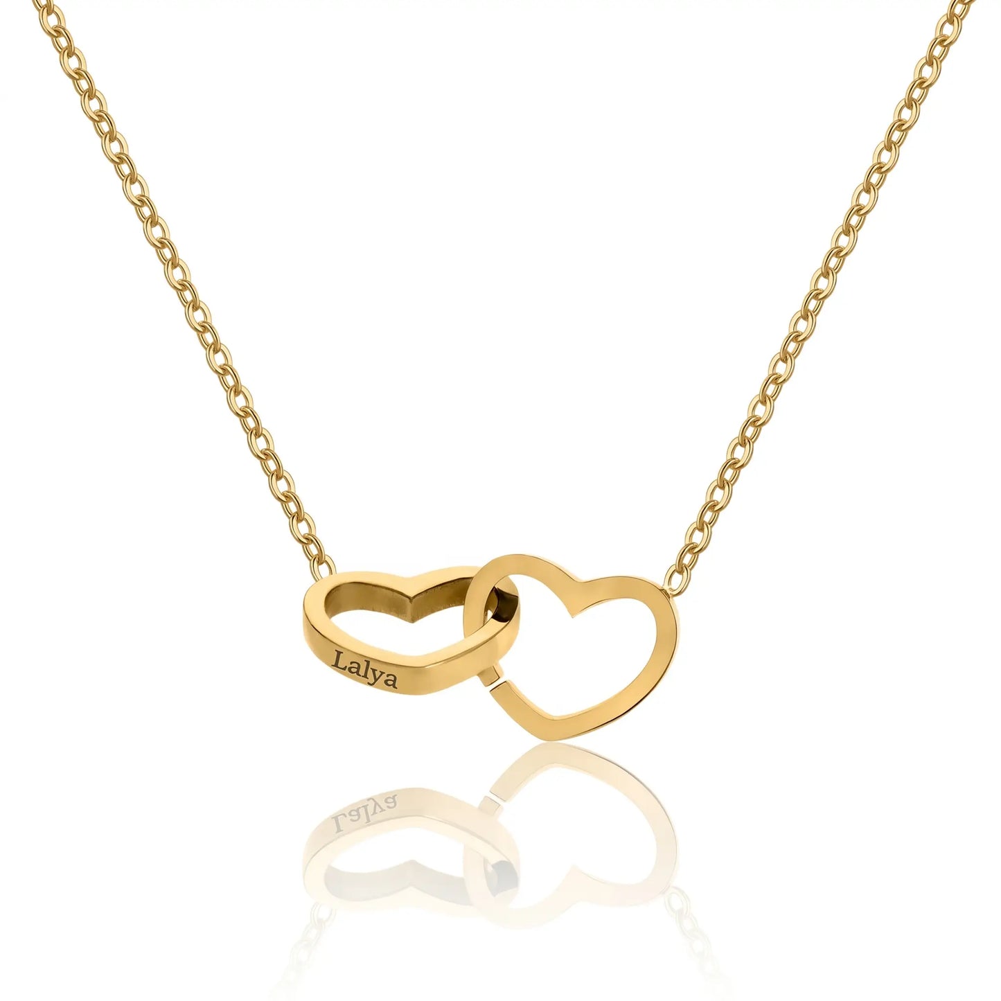 Engraved Double Heart Pendant 18K Gold packshot by AUREATE, two interlocked hearts on delicate cable chain with name Lalya engraved on left heart