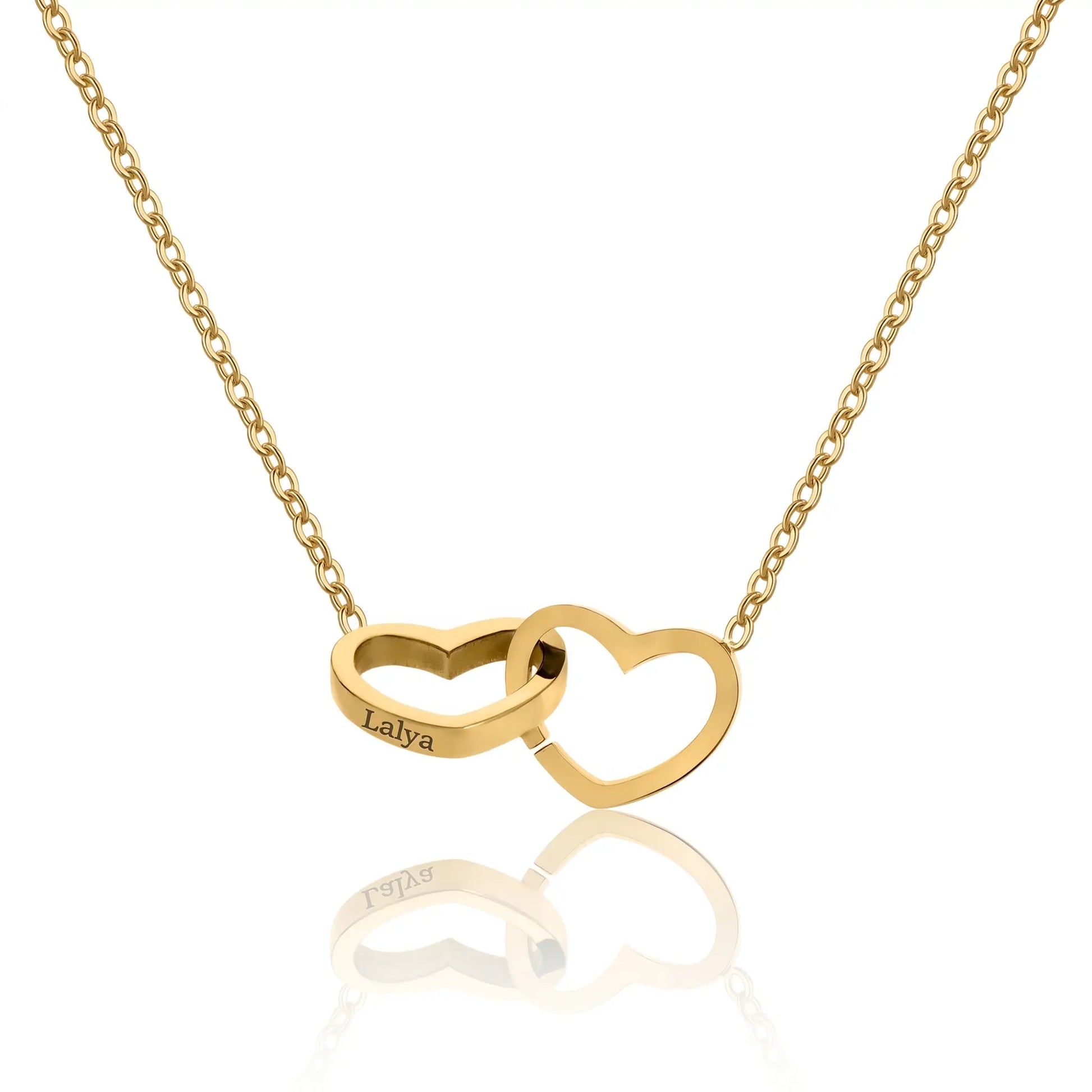 Engraved Double Heart Pendant 18K Gold packshot by AUREATE, two interlocked hearts on delicate cable chain with name Lalya engraved on left heart