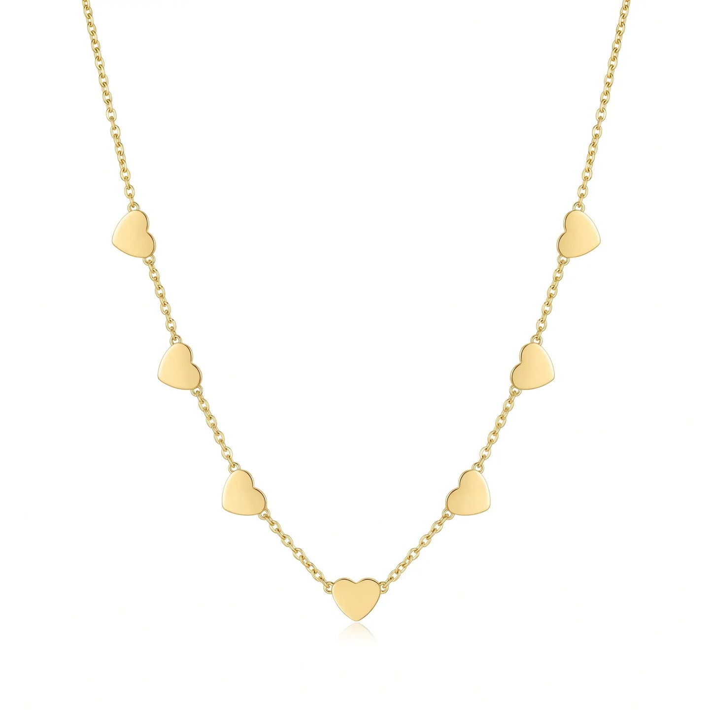 AUREATE Twin Heart Gold Multi-Heart Station Necklace 18K gold packshot studio editorial 7 hearts station chain