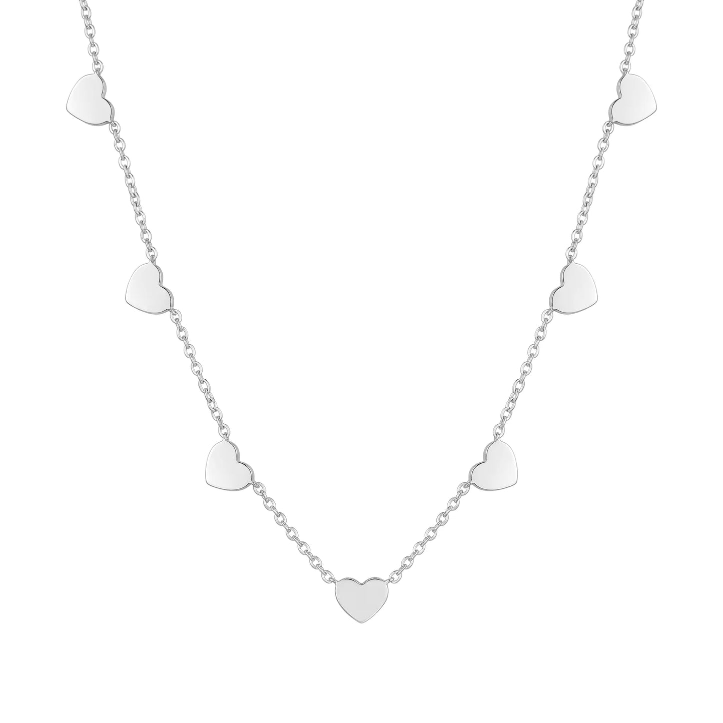 AUREATE Twin Heart Silver Multi-Heart Station Necklace stainless steel packshot studio 7 hearts station chain