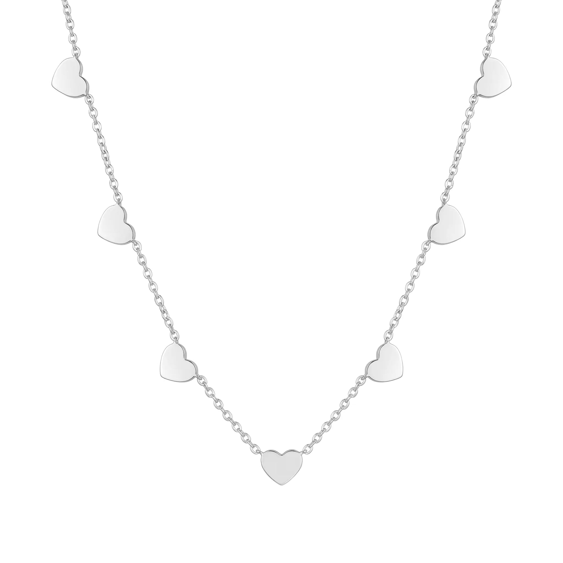 AUREATE Twin Heart Silver Multi-Heart Station Necklace stainless steel packshot studio 7 hearts station chain