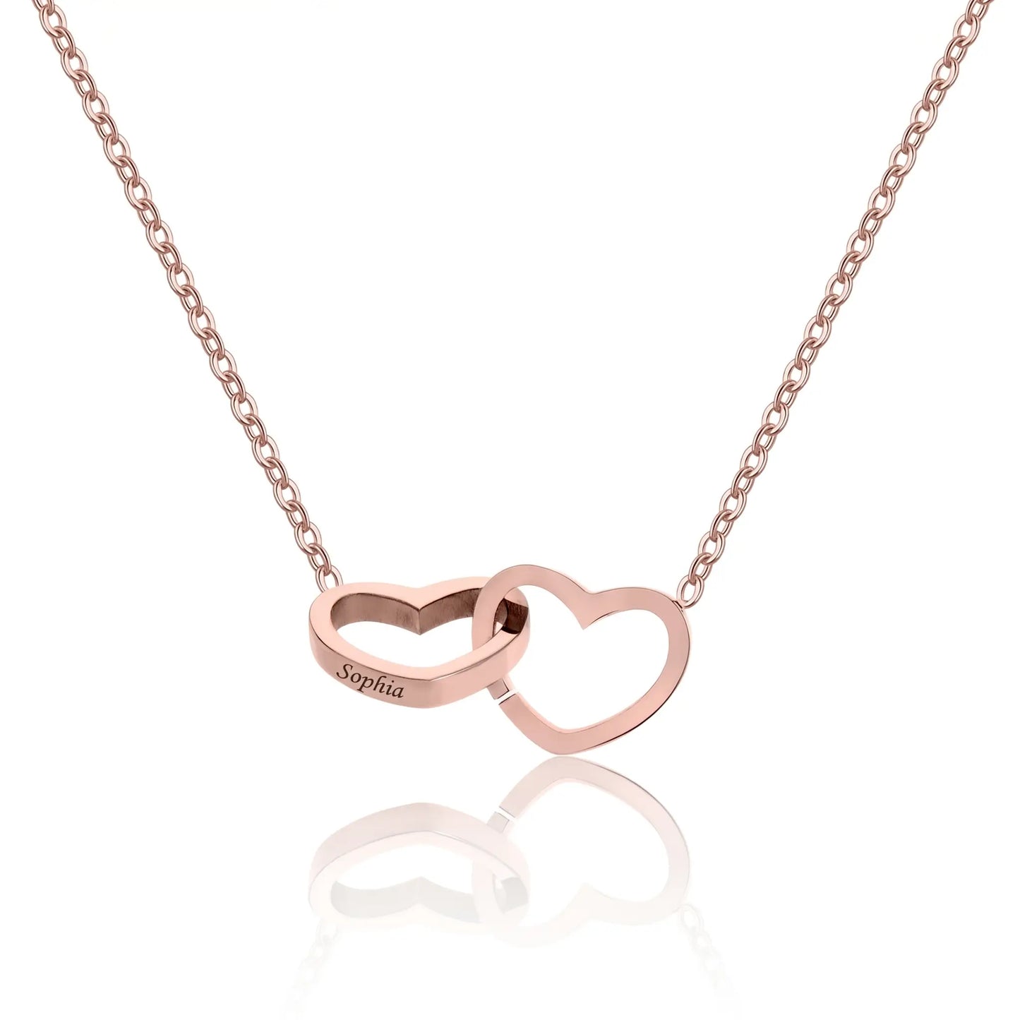 Engraved Double Heart Pendant Rose Gold packshot by AUREATE, two interlocked hearts on delicate cable chain Sophia engraved soft pink-gold finish
