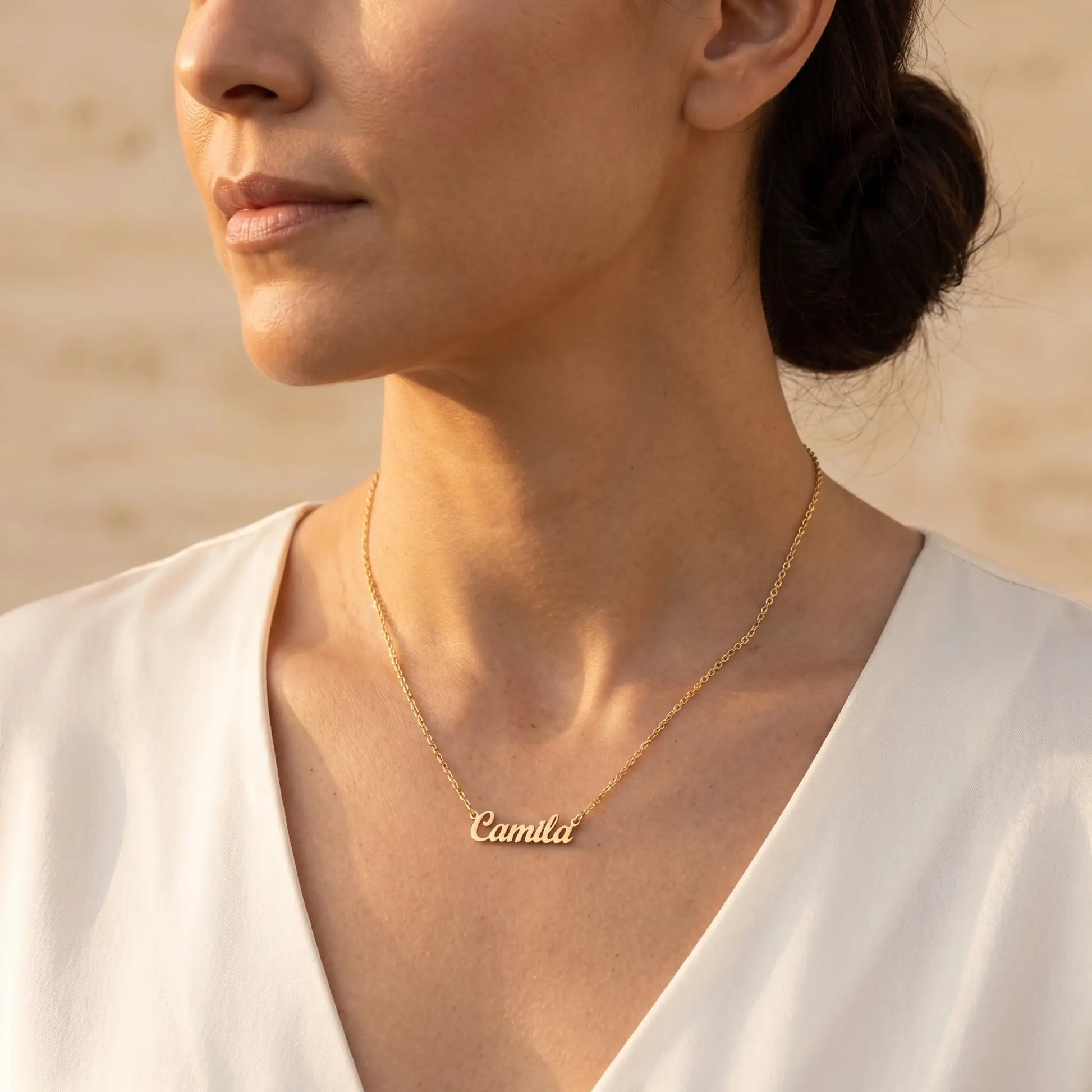 Personalized Script Name Chain 18K gold three-quarter mature elegance editorial by AUREATE