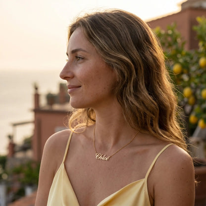 Personalized Script Name Chain 18K gold Amalfi golden hour profile editorial by AUREATE