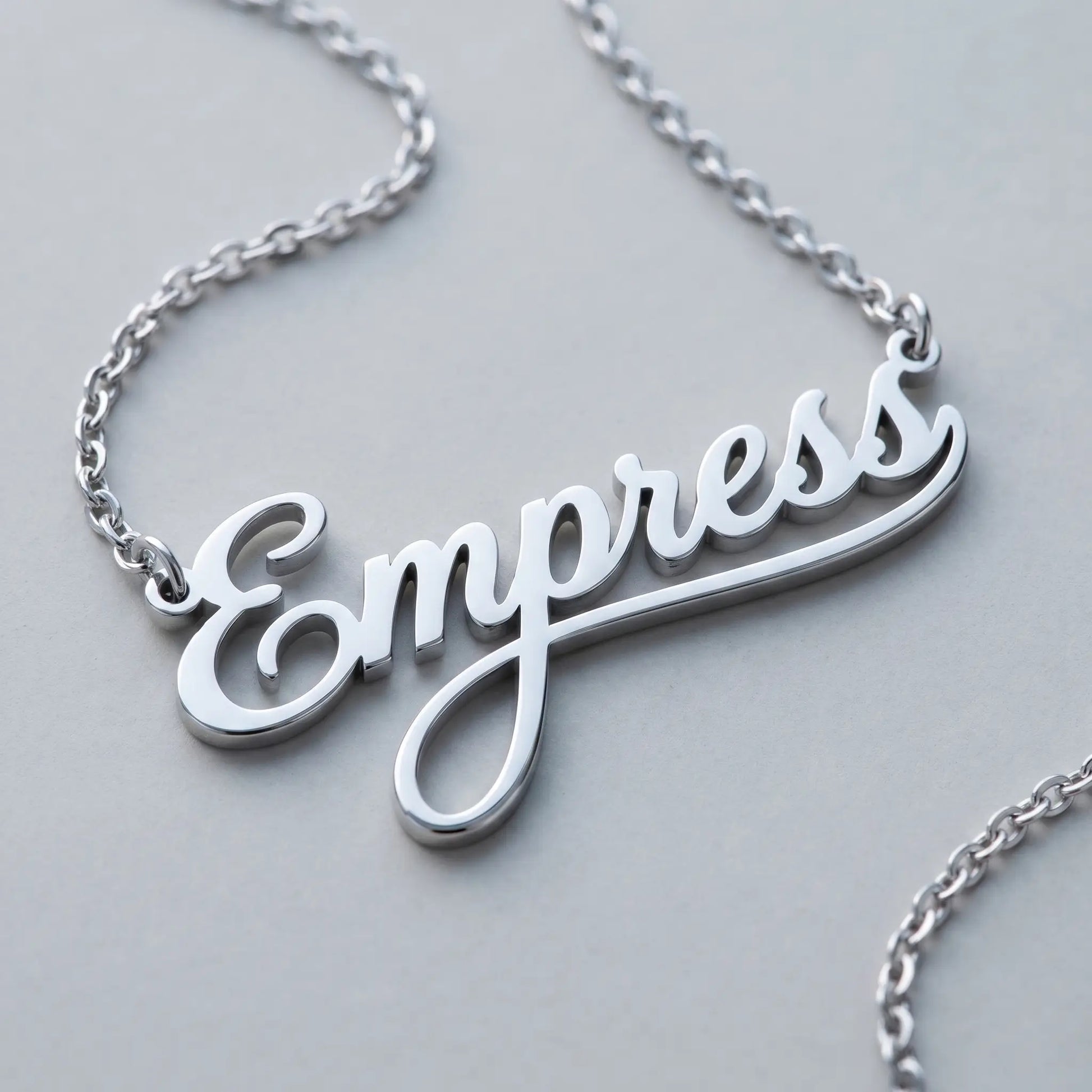 Personalized Script Name Chain silver tone cursive script macro detail by AUREATE