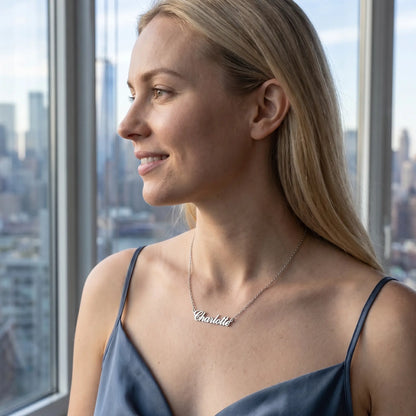 Personalized Script Name Chain silver tone NYC loft profile editorial by AUREATE