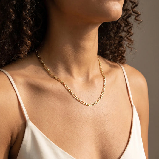 3mm Figaro Link Necklace 18K Gold worn studio close-up