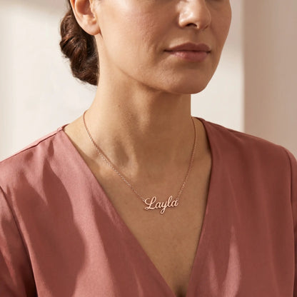 Personalized Script Name Chain rose gold three-quarter mature elegance editorial by AUREATE