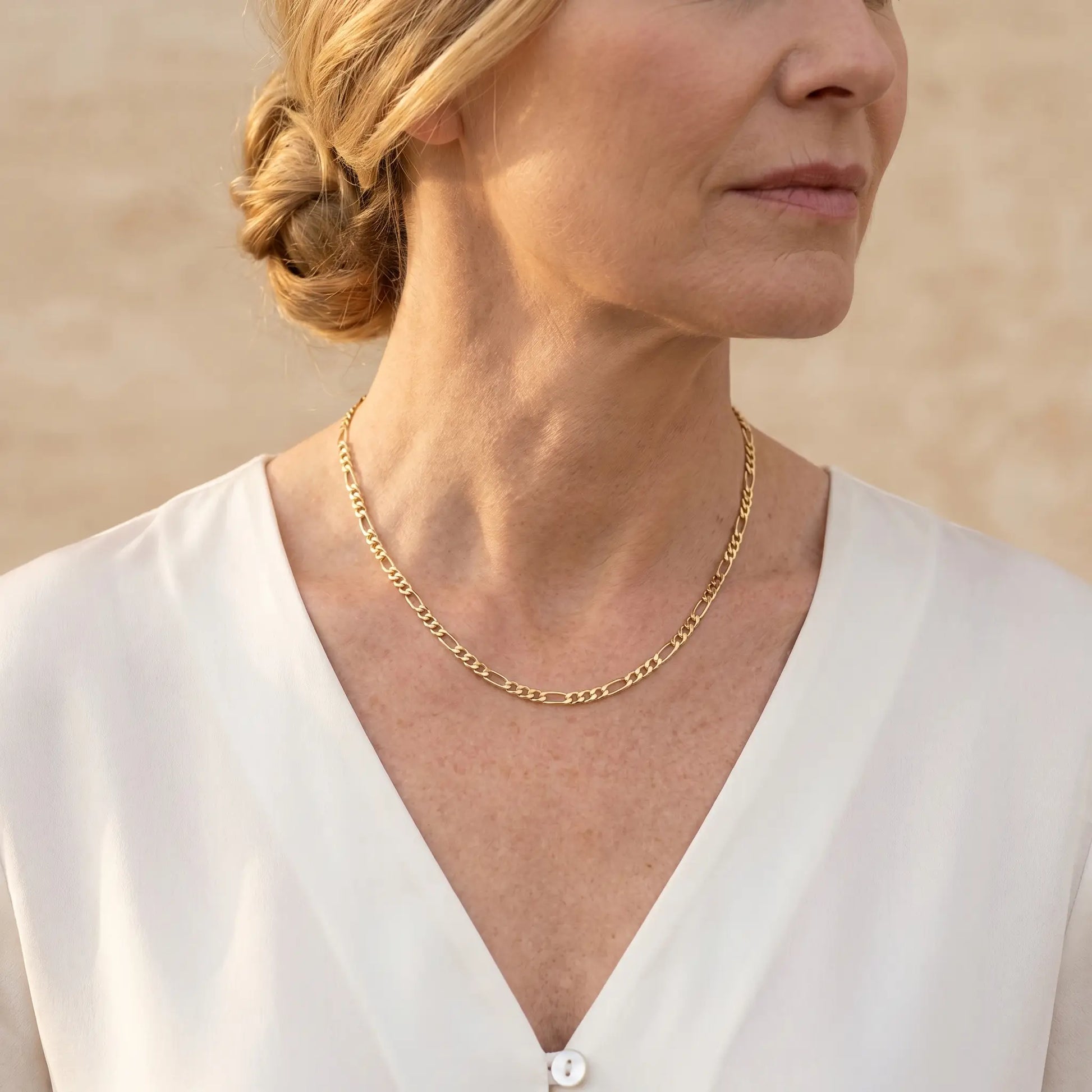 3mm Figaro Link Necklace 18K Gold mature elegance 3/4 angle