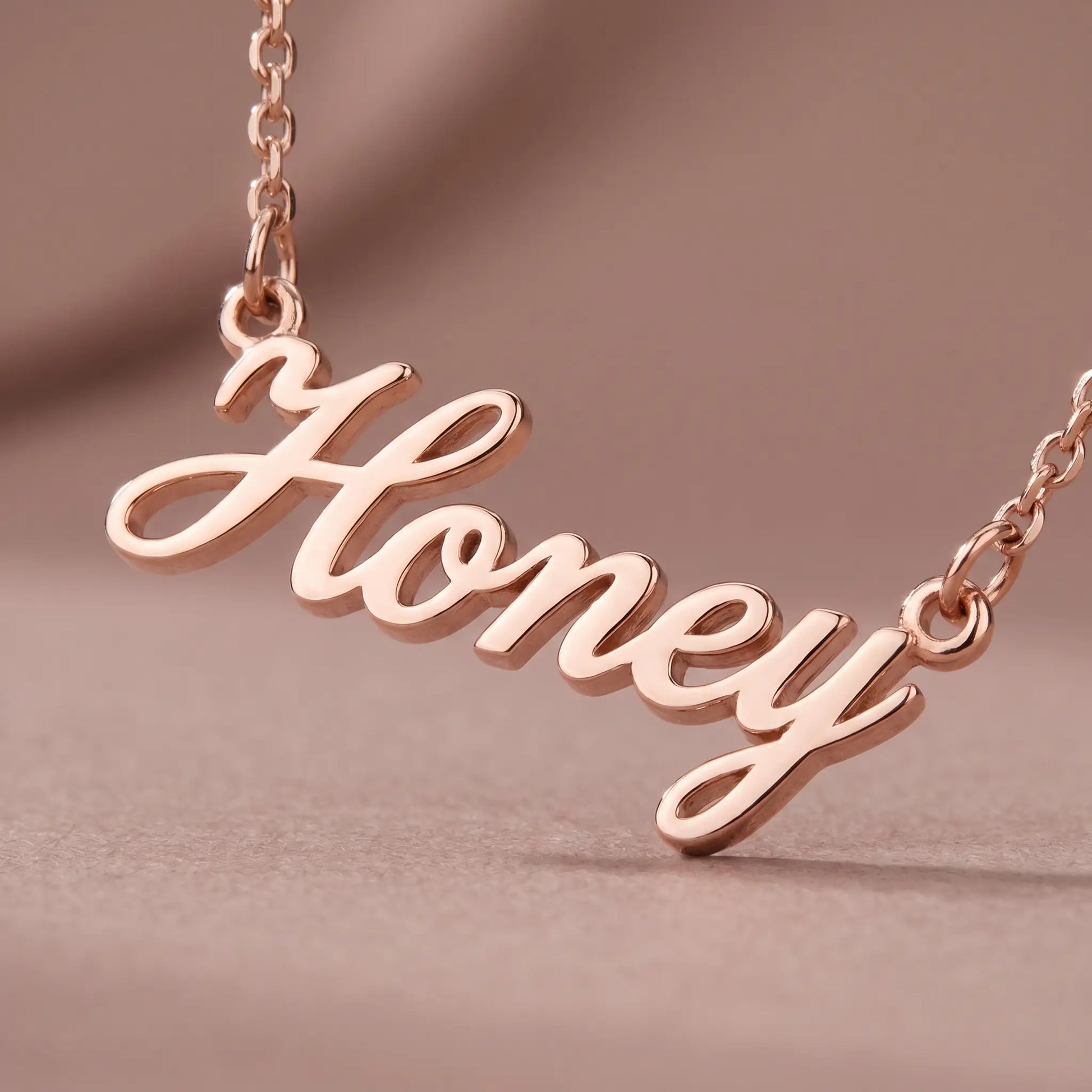 Personalized Script Name Chain rose gold cursive script macro detail by AUREATE
