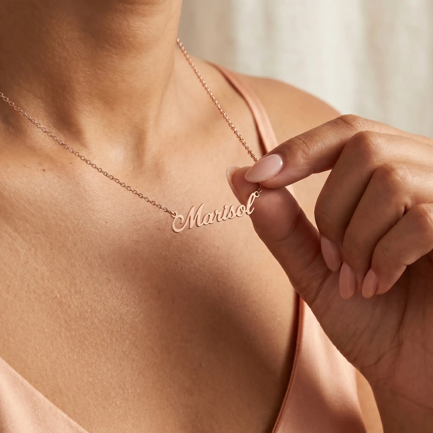 Personalized Script Name Chain rose gold tender hand to jewelry intimate moment by AUREATE