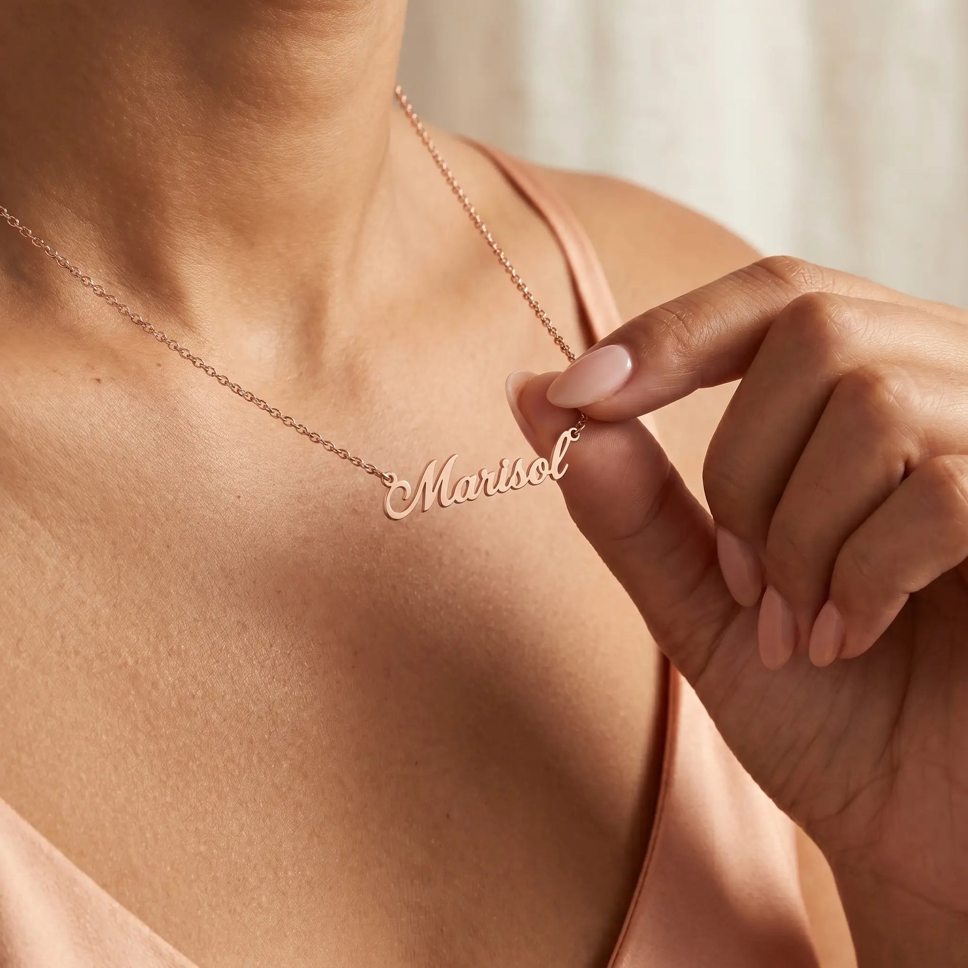 Personalized Script Name Chain rose gold tender hand to jewelry intimate moment by AUREATE