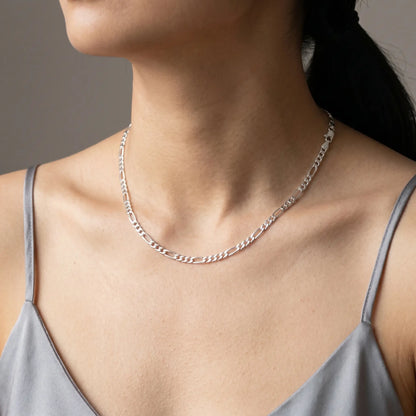 3mm Figaro Link Necklace Silver Tone worn studio close-up
