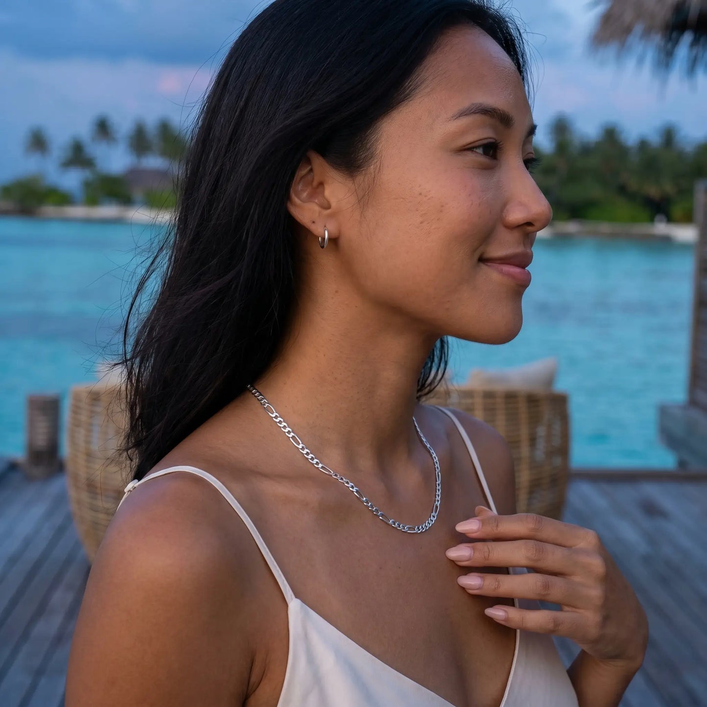 3mm Figaro Link Necklace Silver Tone subtle smile Maldives profile