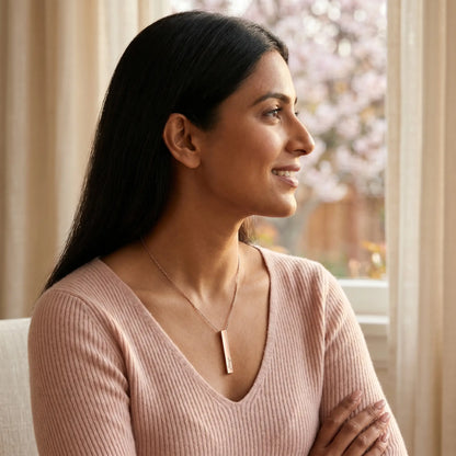 Indian woman in side profile with subtle smile wearing AUREATE Vertical Name Bar Pendant in rose gold engraved Anaya, California bungalow cherry blossom window.
