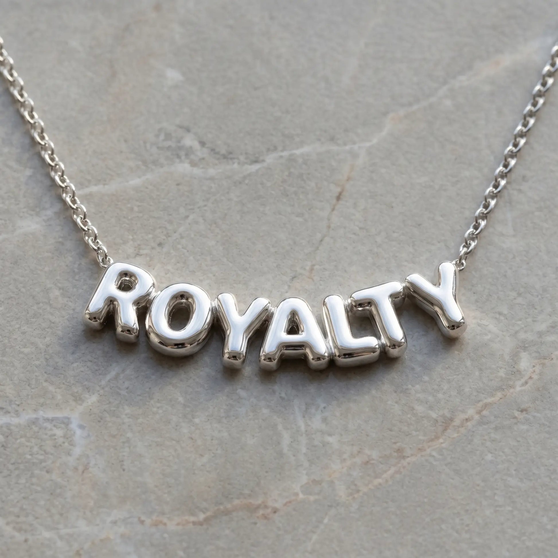 AUREATE Bubble Letter Name Chain Silver Tone ROYALTY packshot puffy 3D bubble letters delicate cable chain