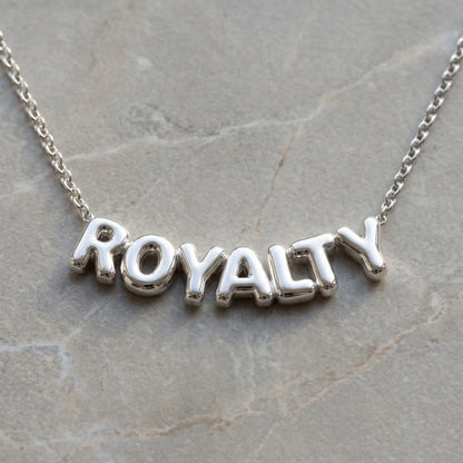 AUREATE Bubble Letter Name Chain Silver Tone ROYALTY packshot puffy 3D bubble letters delicate cable chain