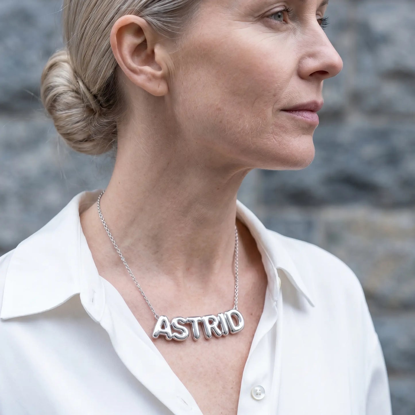 AUREATE Bubble Letter Name Chain Silver Tone ASTRID mature elegance 3/4 profile editorial