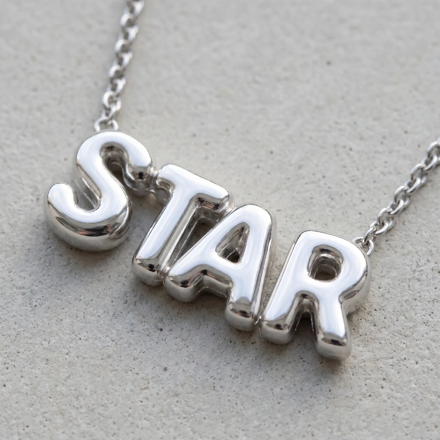 AUREATE Bubble Letter Name Chain Silver Tone STAR macro detail puffy 3D bubble craftsmanship