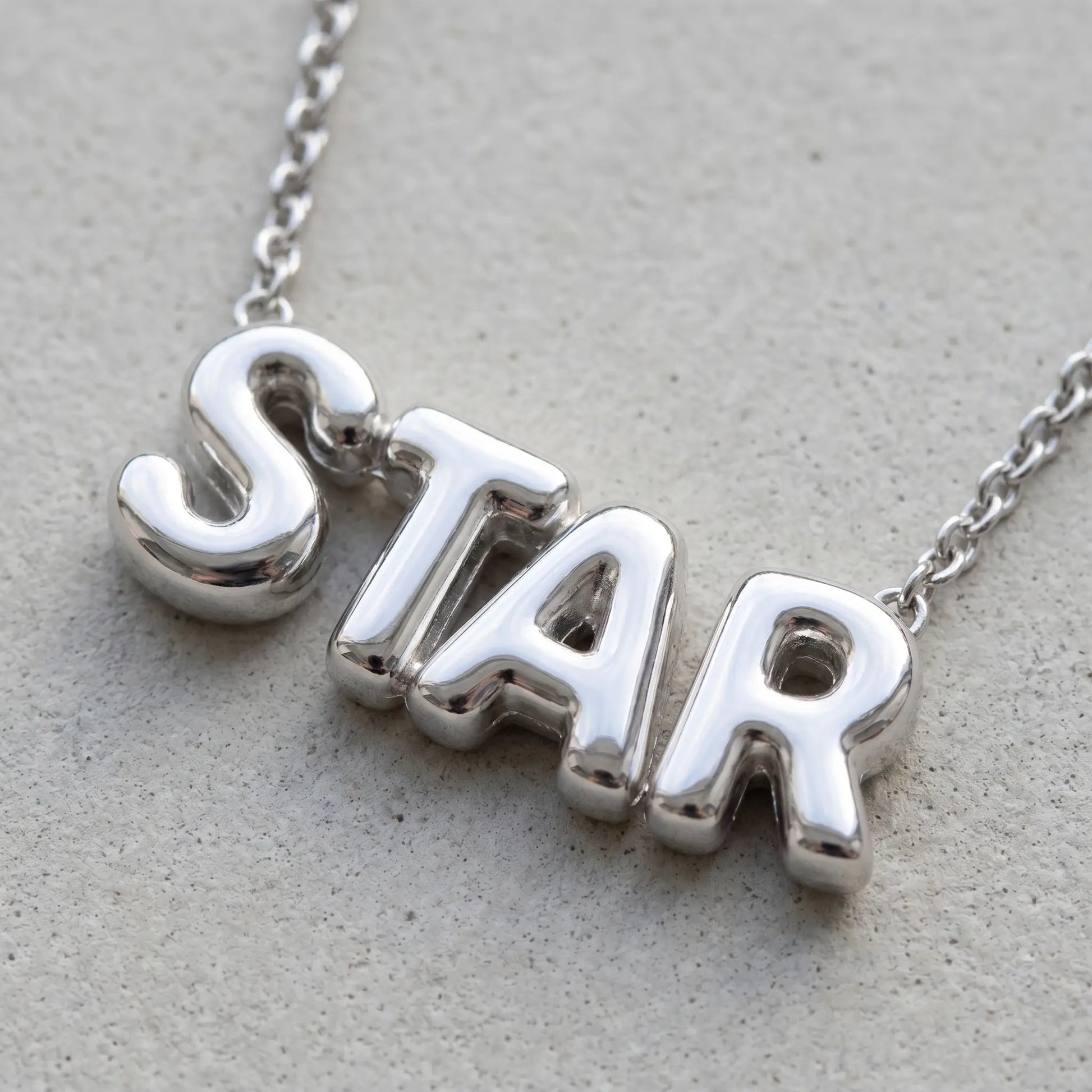 AUREATE Bubble Letter Name Chain Silver Tone STAR macro detail puffy 3D bubble craftsmanship