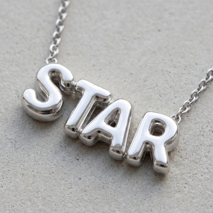 AUREATE Bubble Letter Name Chain Silver Tone STAR macro detail puffy 3D bubble craftsmanship