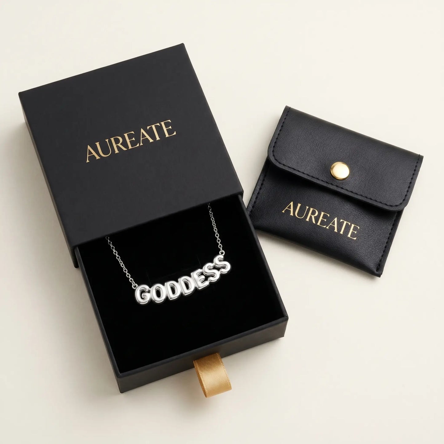 AUREATE Bubble Letter Name Chain Silver Tone GODDESS gift box slide-drawer with leather pouch