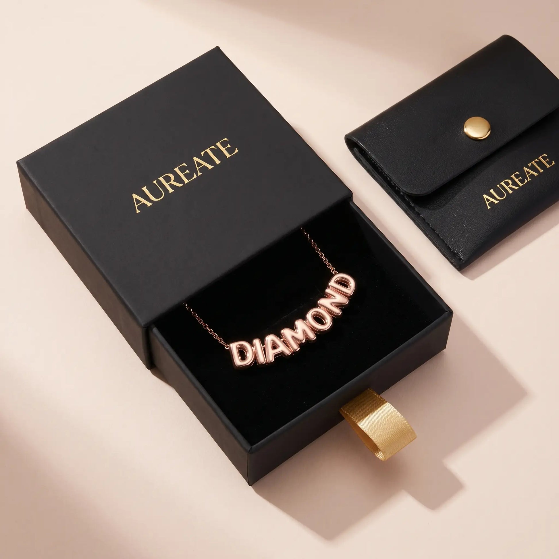 AUREATE Bubble Letter Name Chain Rose Gold DIAMOND gift box slide-drawer with leather pouch