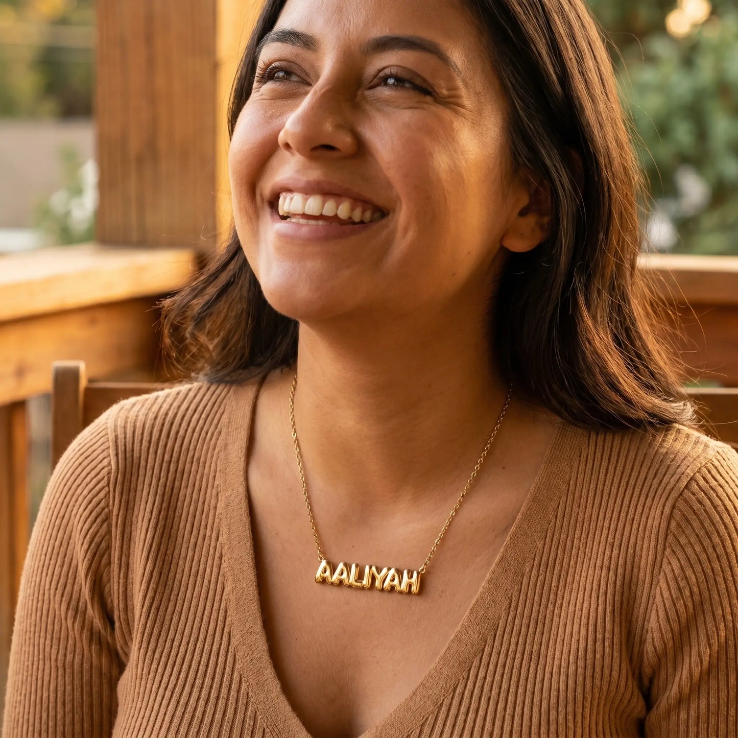AUREATE Bubble Letter Name Chain 18K gold AALIYAH candid laughter Austin coffee porch lifestyle