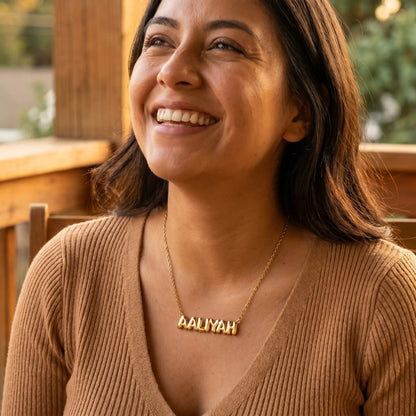 AUREATE Bubble Letter Name Chain 18K gold AALIYAH candid laughter Austin coffee porch lifestyle