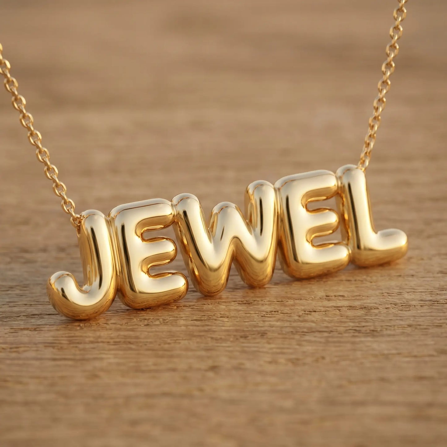 AUREATE Bubble Letter Name Chain 18K gold JEWEL macro detail puffy 3D bubble craftsmanship
