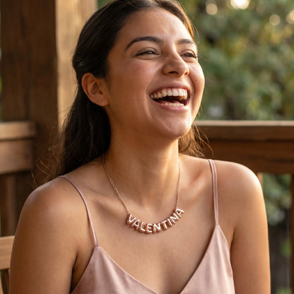 AUREATE Bubble Letter Name Chain Rose Gold VALENTINA candid laughter Austin coffee porch lifestyle