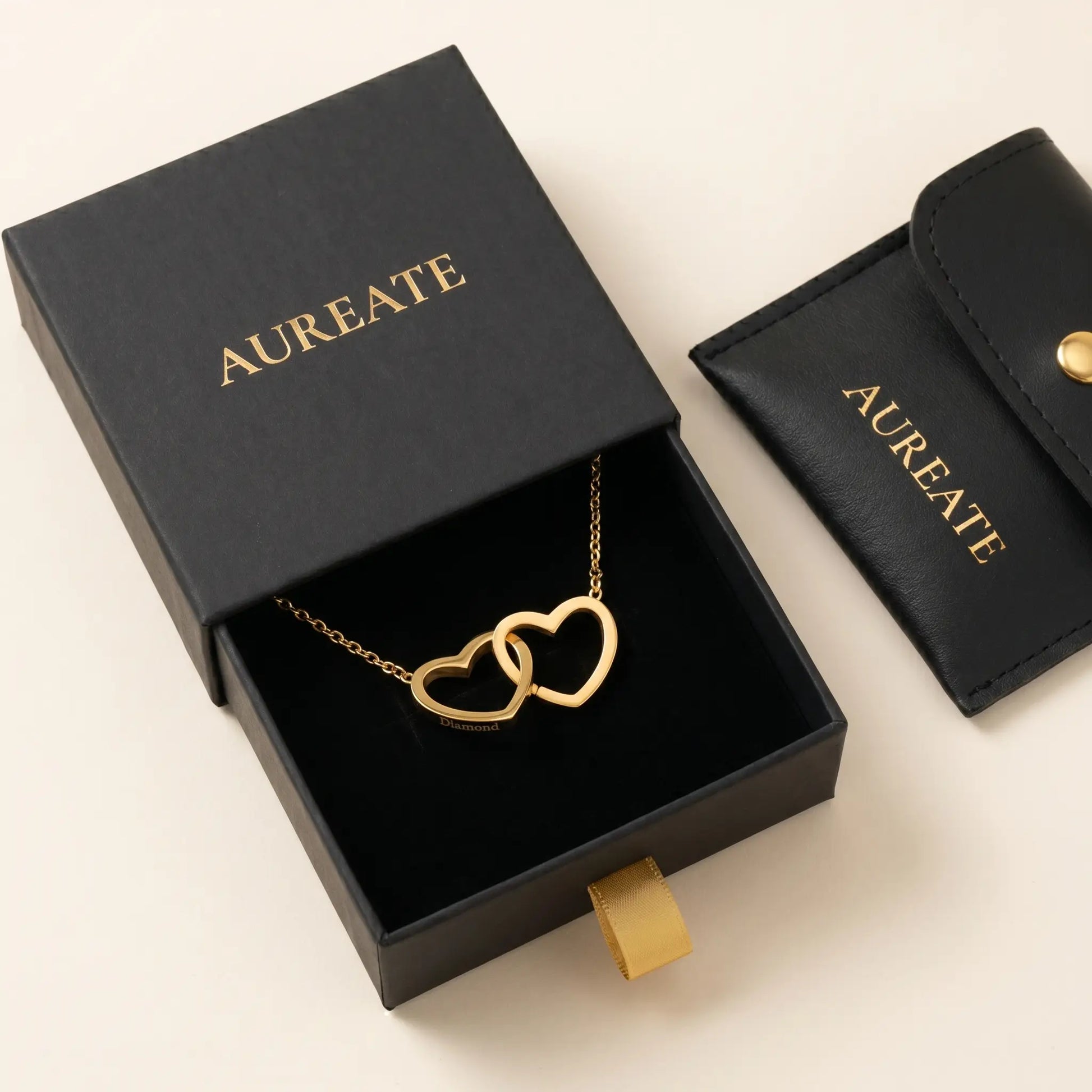 Engraved Double Heart Pendant 18K Gold AUREATE gift box matte black slide-drawer with leather pouch ready for gifting
