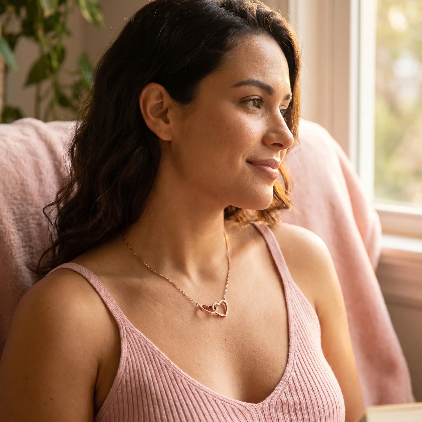 Engraved Double Heart Pendant Rose Gold profile cozy reading nook Brazilian woman soft pink camisole subtle smile romantic warm light by AUREATE