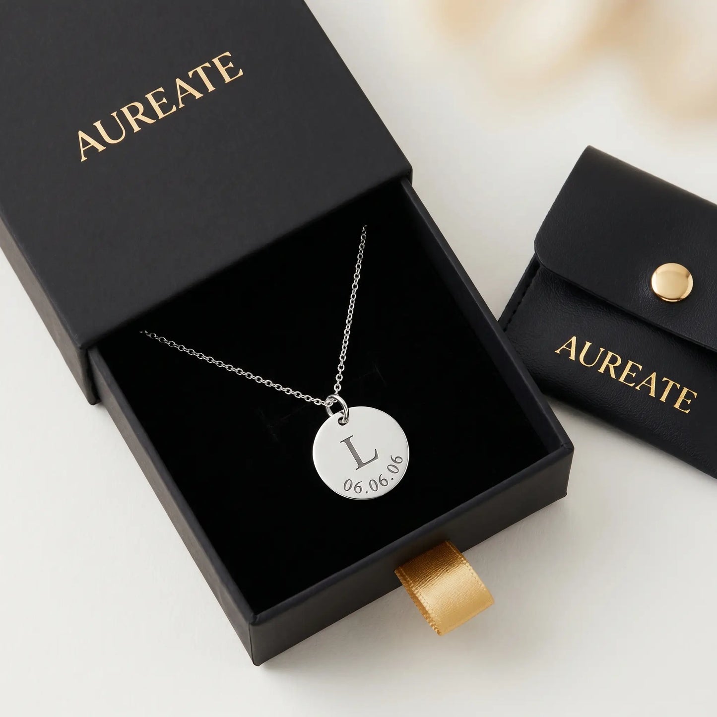 Date Letter Charm Pendant Silver AUREATE gift box with leather pouch hf_s8