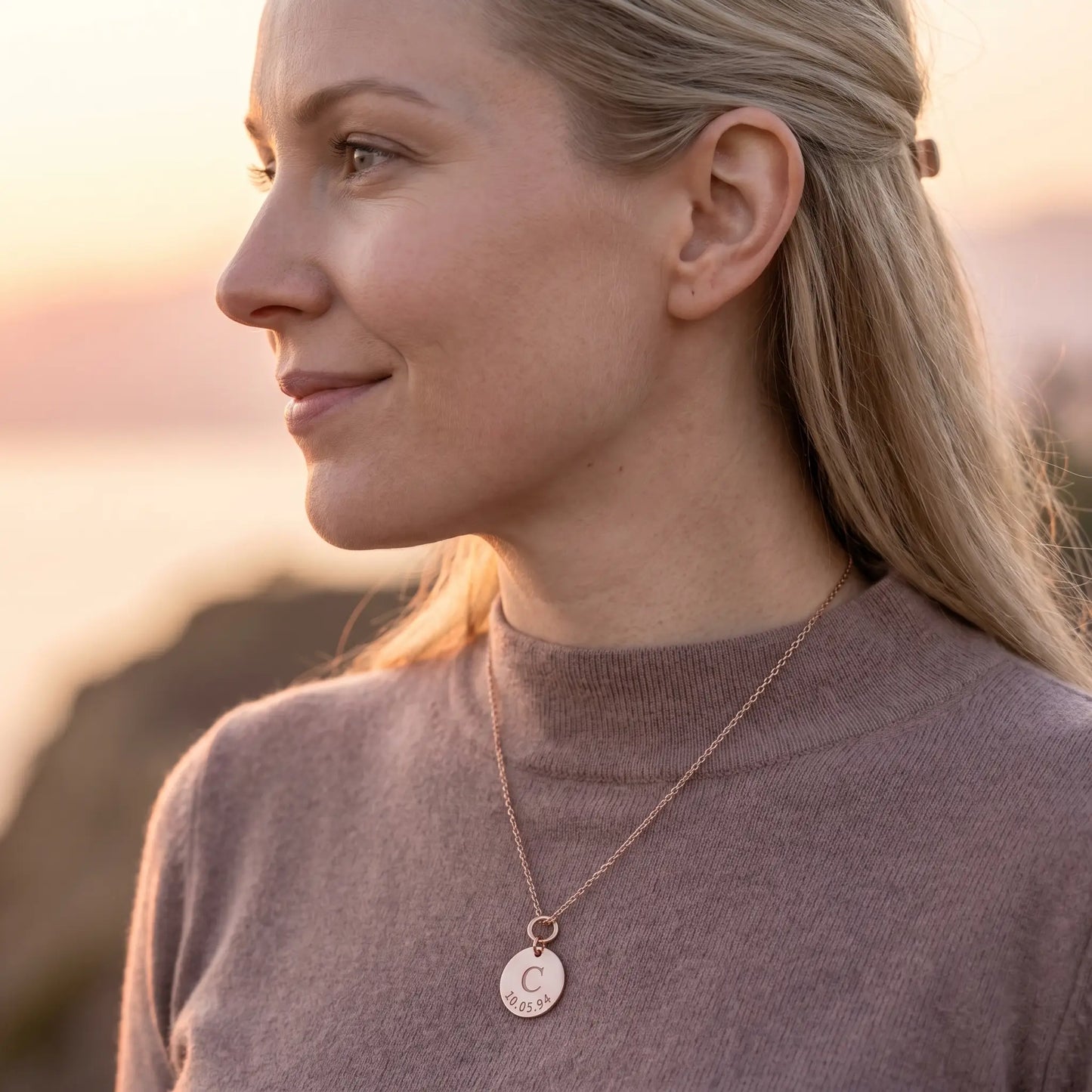 Date Letter Charm Pendant Rose Gold subtle smile profile Northern European cliffside hf_r7