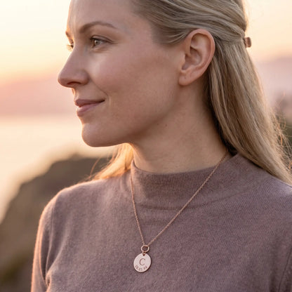 Date Letter Charm Pendant Rose Gold subtle smile profile Northern European cliffside hf_r7