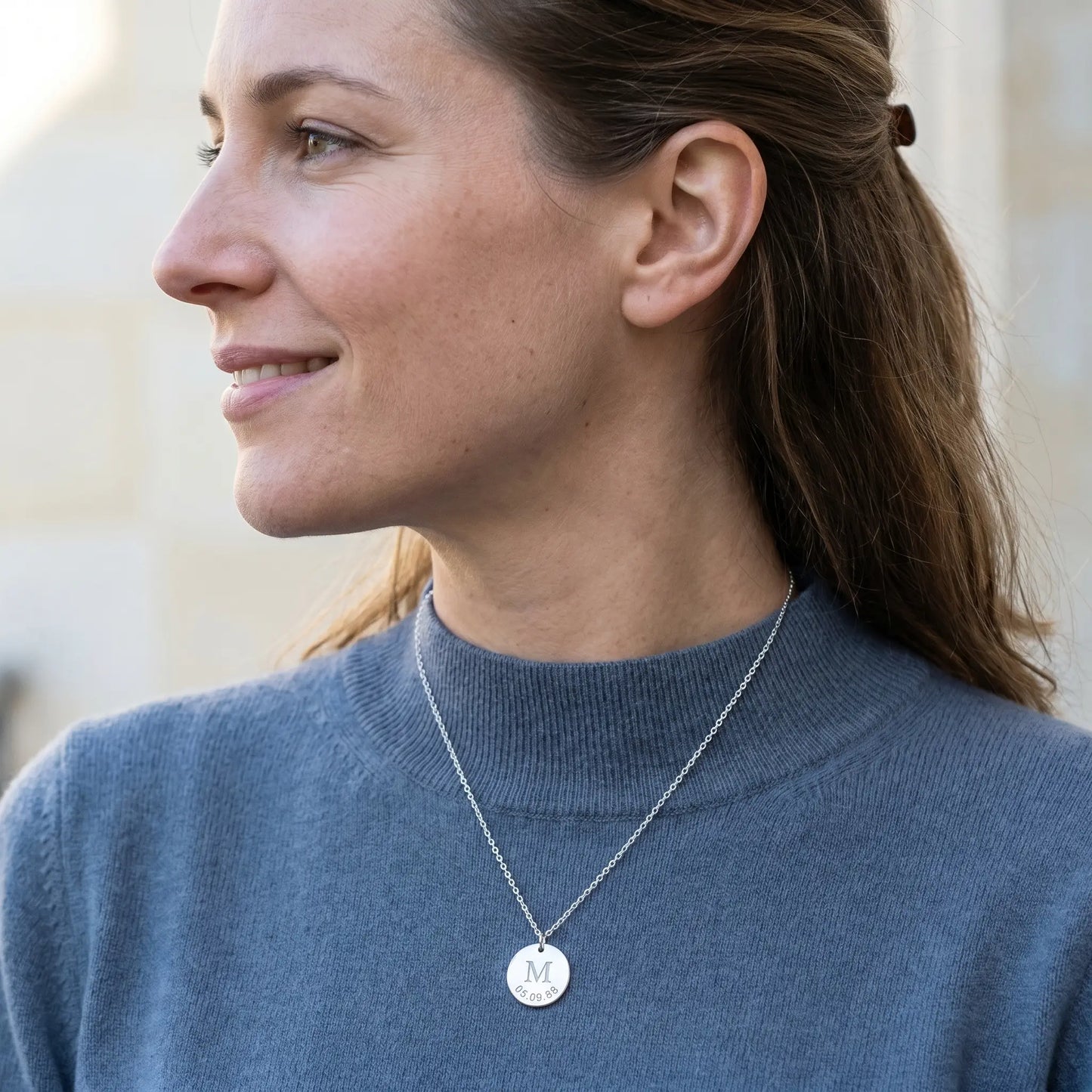 Date Letter Charm Pendant Silver subtle smile profile French woman Paris hf_s7